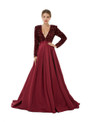 Burgundy Satin Sequins Deep V-neck Long Sleeve Prom Dress