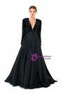 Black Satin Sequins Deep V-neck Long Sleeve Prom Dress