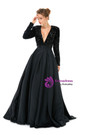 Black Satin Sequins Deep V-neck Long Sleeve Prom Dress