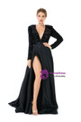 Black Satin Sequins Deep V-neck Long Sleeve Prom Dress