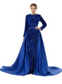 Royal Blue Mermaid Sequins Long Sleeve Prom Dress With Detachable Train
