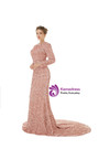Pink Mermaid Sequins Long Sleeve Prom Dress With Detachable Train