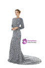 Silver Gray Mermaid Sequins Prom Dress With Detachable Train