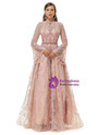 Pink High Neck Tulle High Neck Long Sleeve Beading Prom Dress