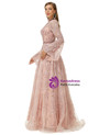 Pink High Neck Tulle High Neck Long Sleeve Beading Prom Dress