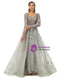 Modern Gray Tulle Long Sleeve Appliques Beading Prom Dress