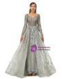 Modern Gray Tulle Long Sleeve Appliques Beading Prom Dress