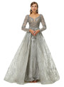 Modern Gray Tulle Long Sleeve Appliques Beading Prom Dress