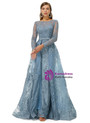 Blue Tulle Beading Long Sleeve Prom Dress