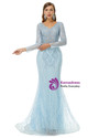 Blue Mermaid V-neck Tulle Beading Long Sleeve Prom Dress
