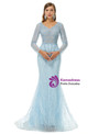 Blue Mermaid V-neck Tulle Beading Long Sleeve Prom Dress