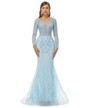 Blue Mermaid V-neck Tulle Beading Long Sleeve Prom Dress