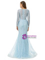Blue Mermaid V-neck Tulle Beading Long Sleeve Prom Dress