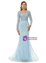 Blue Mermaid V-neck Tulle Beading Long Sleeve Prom Dress