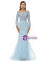 Blue Mermaid V-neck Tulle Beading Long Sleeve Prom Dress
