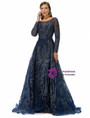 Navy Blue Tulle Long Sleeve Beading Prom Dress