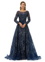 Navy Blue Tulle Long Sleeve Beading Prom Dress