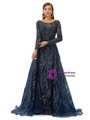 Navy Blue Tulle Long Sleeve Beading Prom Dress