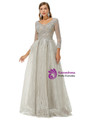 Silver Gray Long Sleeve Tulle Sequins Beading Prom Dress