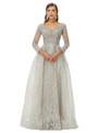 Silver Gray Long Sleeve Tulle Sequins Beading Prom Dress