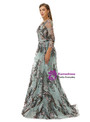 Blue Tulle Long Sleeve Appliques Beading Prom Dress