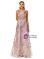 Pink Lace Tulle V-neck Appliques Beading Sleeveless  Prom Dress