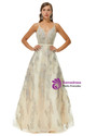 Champagne Tulle Appliques Beading Spaghetti Straps Backless Prom Dress