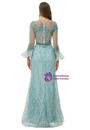 Blue Illusion Neck Mermaid Tulle Beading Long Sleeve Prom Dress