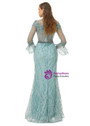 Blue Illusion Neck Mermaid Tulle Beading Long Sleeve Prom Dress