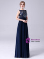 Navy Blue Bateau Chiffon Beading Crystal Prom Dress