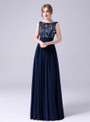 Navy Blue Bateau Chiffon Beading Crystal Prom Dress
