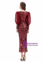 Sheath Burgundy Sequins Puff Sleeve Tea Length Prom Dress