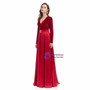 Burgundy V-neck Satin Velvet Long Sleeve Parom Dress With Pocket
