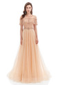 Champagne Gold Tulle See-through Pleats Beading Prom Dress