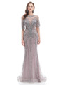 Gray Short Sleeve Mermaid Tulle Heavy Beading Prom Dress