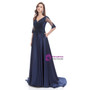 Navy Blue Satin Half Sleeve Appliques Beading Prom Dress
