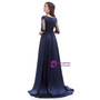 Navy Blue Satin Half Sleeve Appliques Beading Prom Dress