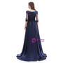 Navy Blue Satin Half Sleeve Appliques Beading Prom Dress