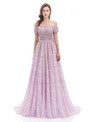 Light Purple Lace Beading Sequins Short Sleeve Prom Dress