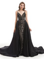 Elegance Black Sequins Spaghetti Straps Prom Dress With Detachable Train