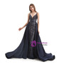 Navy Blue Sequins  V-neck Prom Dress With Detachable Train