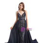 Navy Blue Sequins  V-neck Prom Dress With Detachable Train
