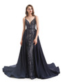Navy Blue Sequins  V-neck Prom Dress With Detachable Train