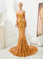 Fabulous Gold Mermaid Sequins Off the Shoulder Prom Dress