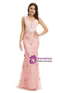 Pink Mermaid Lace V-neck Sleeveless 3D Appliques Prom Dress