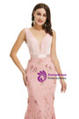 Pink Mermaid Lace V-neck Sleeveless 3D Appliques Prom Dress