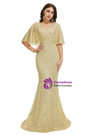 Gold V-neck Mermaid Sequins Bat Sleeve Prom Dress