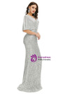 Silver Gray Mermaid Bat Sleeve Sequins V-neck Prom Dress