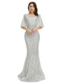 Silver Gray Mermaid Bat Sleeve Sequins V-neck Prom Dress