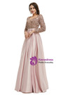 Pink Long Sleeve Satin Sequins Square Pleats Prom Dress
